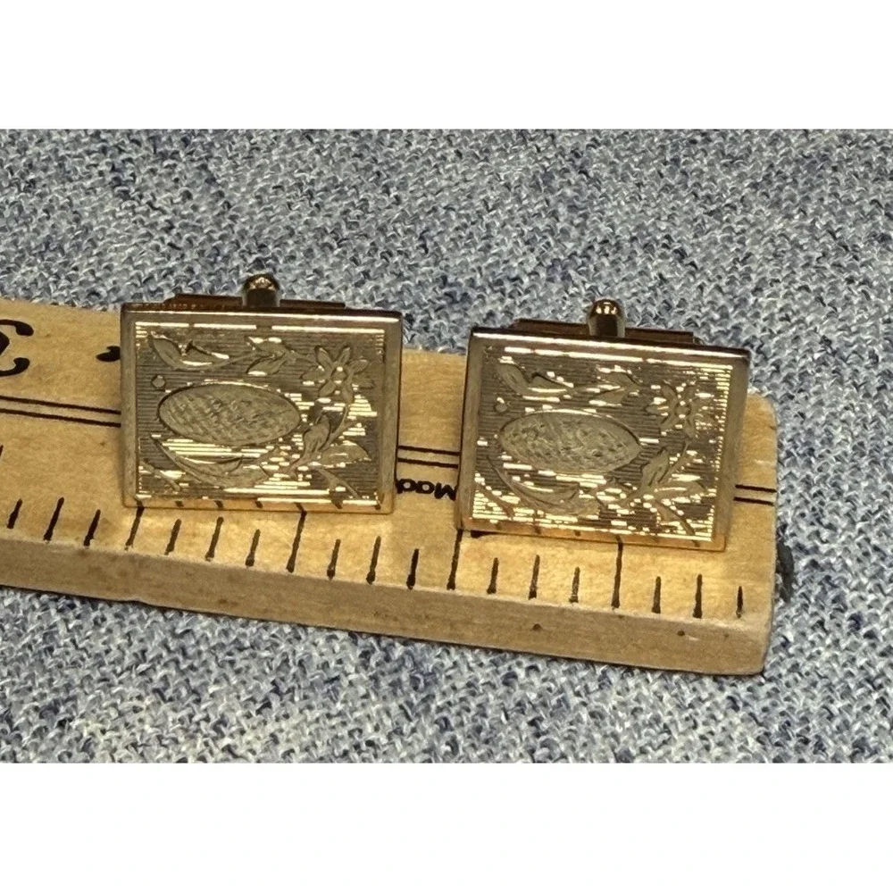 Vintage Etched Rectangular Spring Bullet Gold Tone Cuff Links
